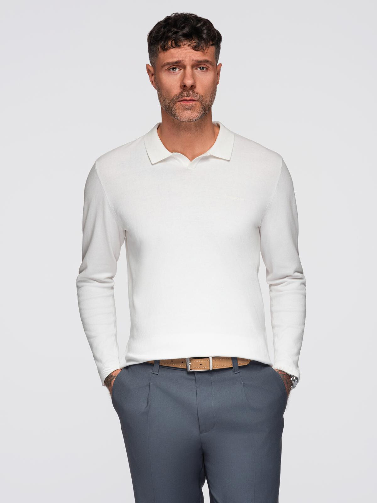 Ombre Men's polo sweater with embroidery on chest - white