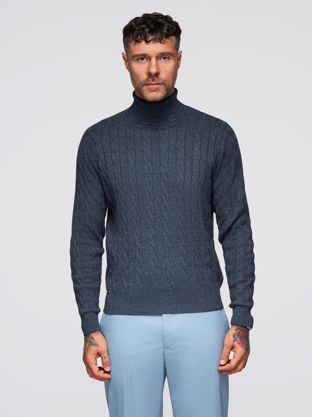 Ombre Men's turtleneck sweater with checkered weave - navy blue