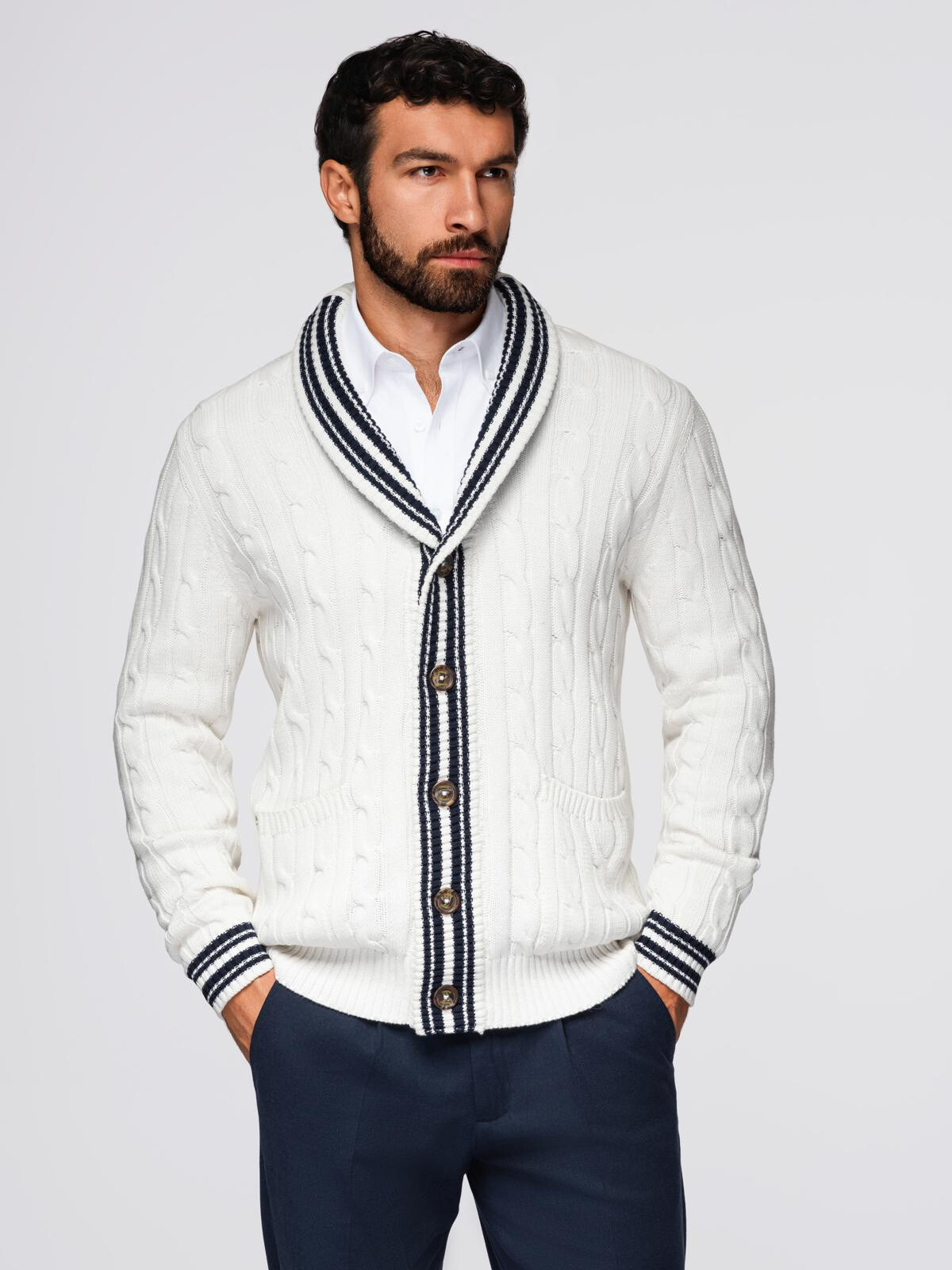 Ombre Men's cardigan sweater with shawl collar in preppy style - white