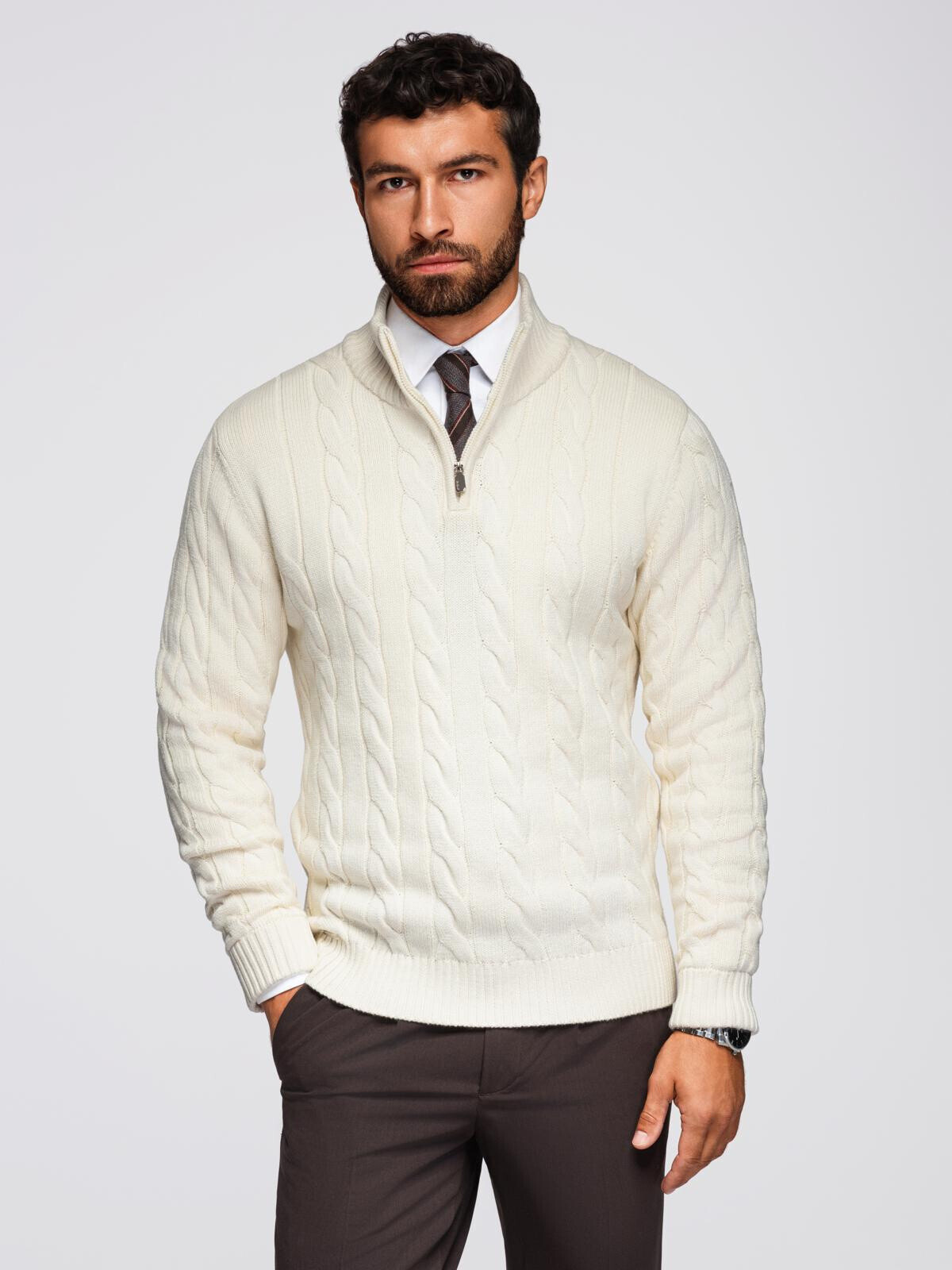 Ombre Men's plaid sweater with turtleneck zipper - cream