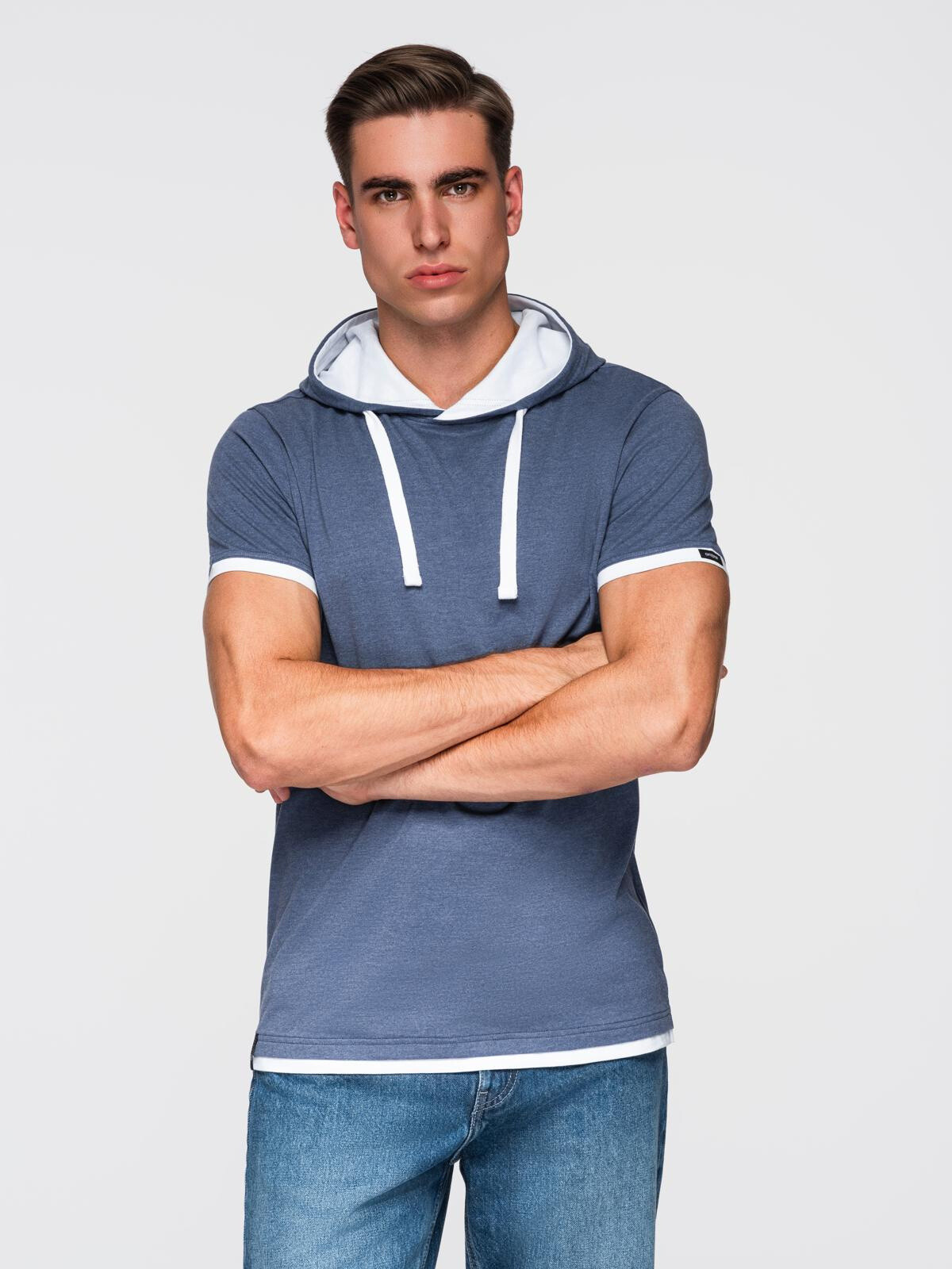 Ombre Men's hooded cotton t-shirt - dark blue melange