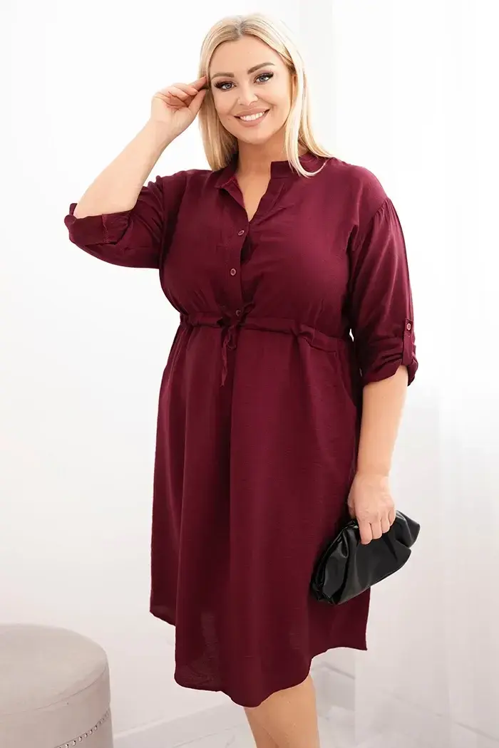 Kesi Włoski Dámské šaty z viskózy Plus Size s knoflíky a vázáním v pase bordová