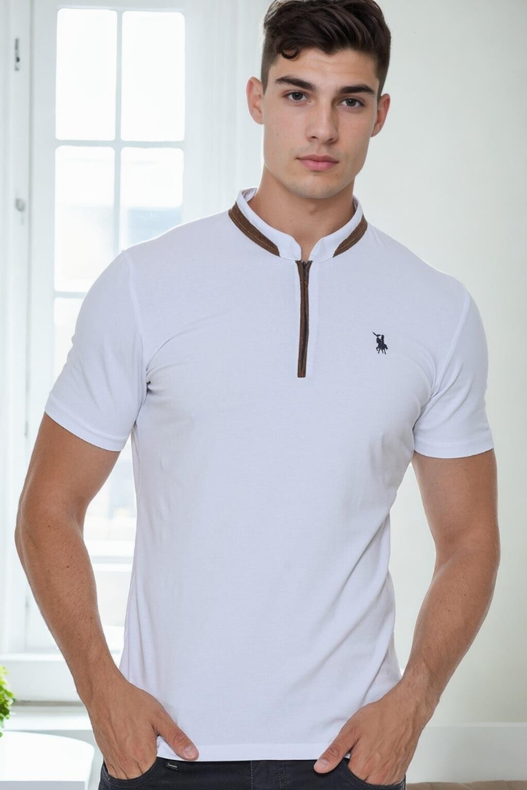 T9571 DEWBERRY MEN'S ZIPPERED T-SHIRT-WHITE