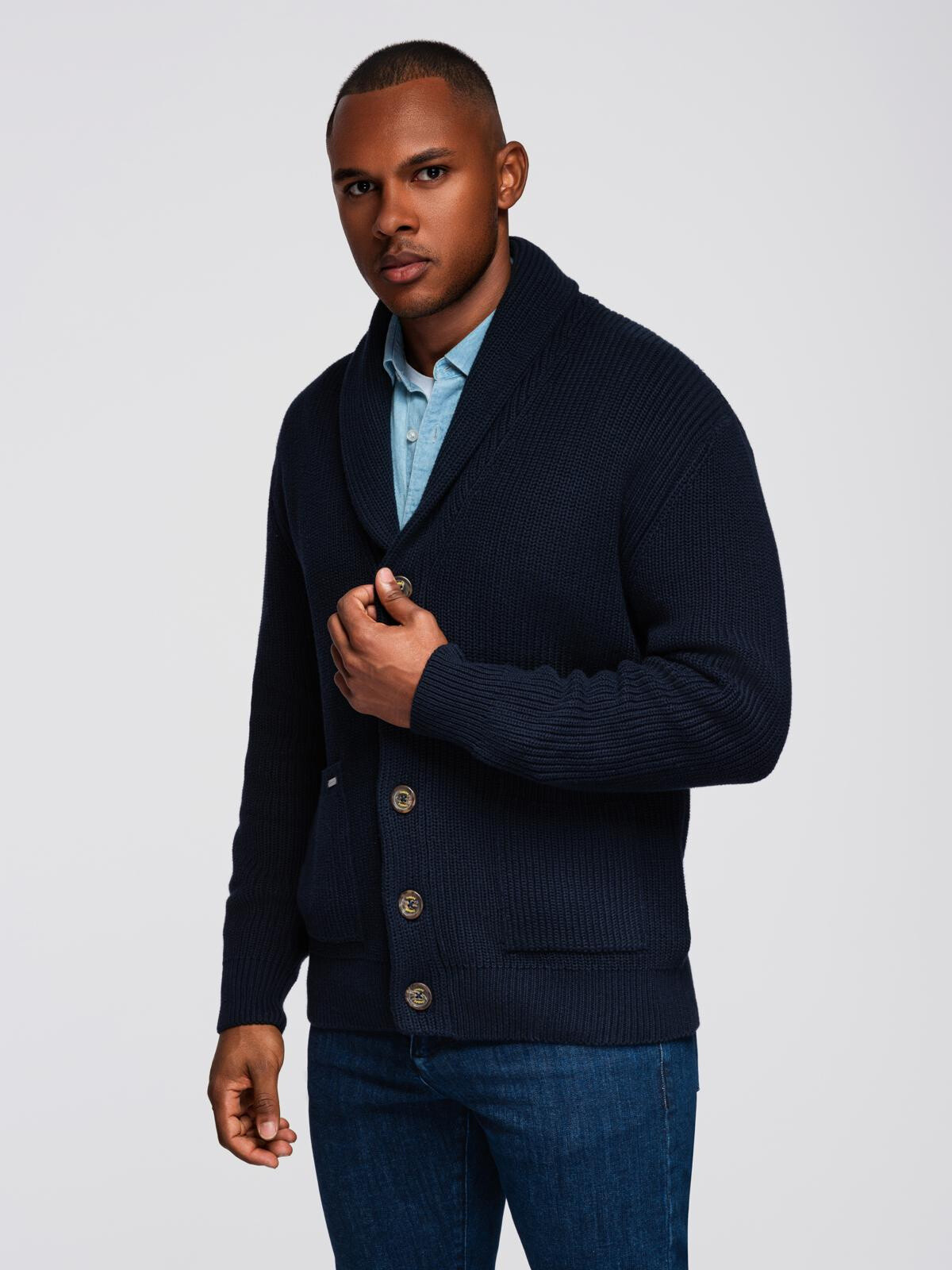 Ombre Men's cotton cardigan sweater with shawl collar - navy blue