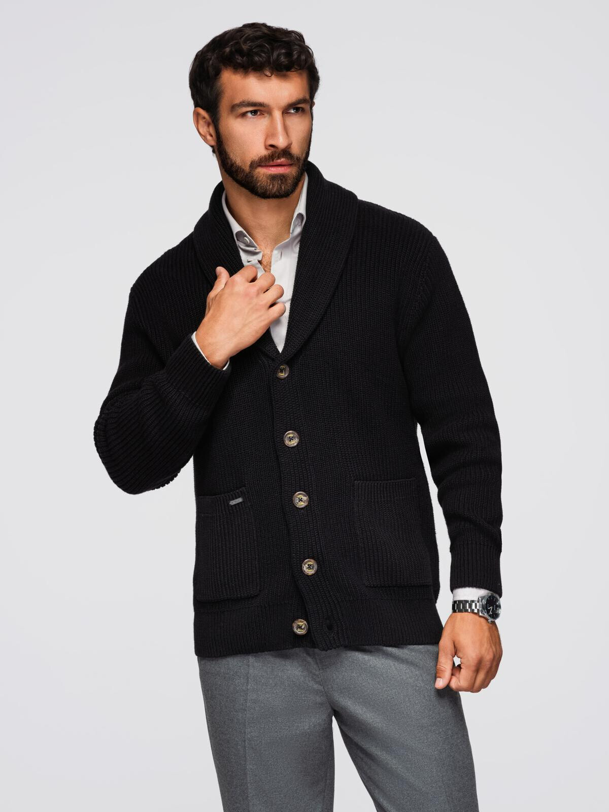 Ombre Men's cotton cardigan sweater with shawl collar - black