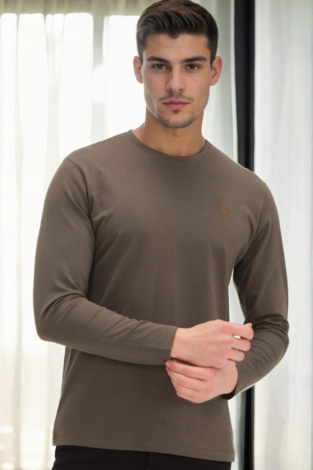 T9588 DEWBERRY BICYCLE COLLAR LONG SLEEVE T-SHIRT-KHAKI