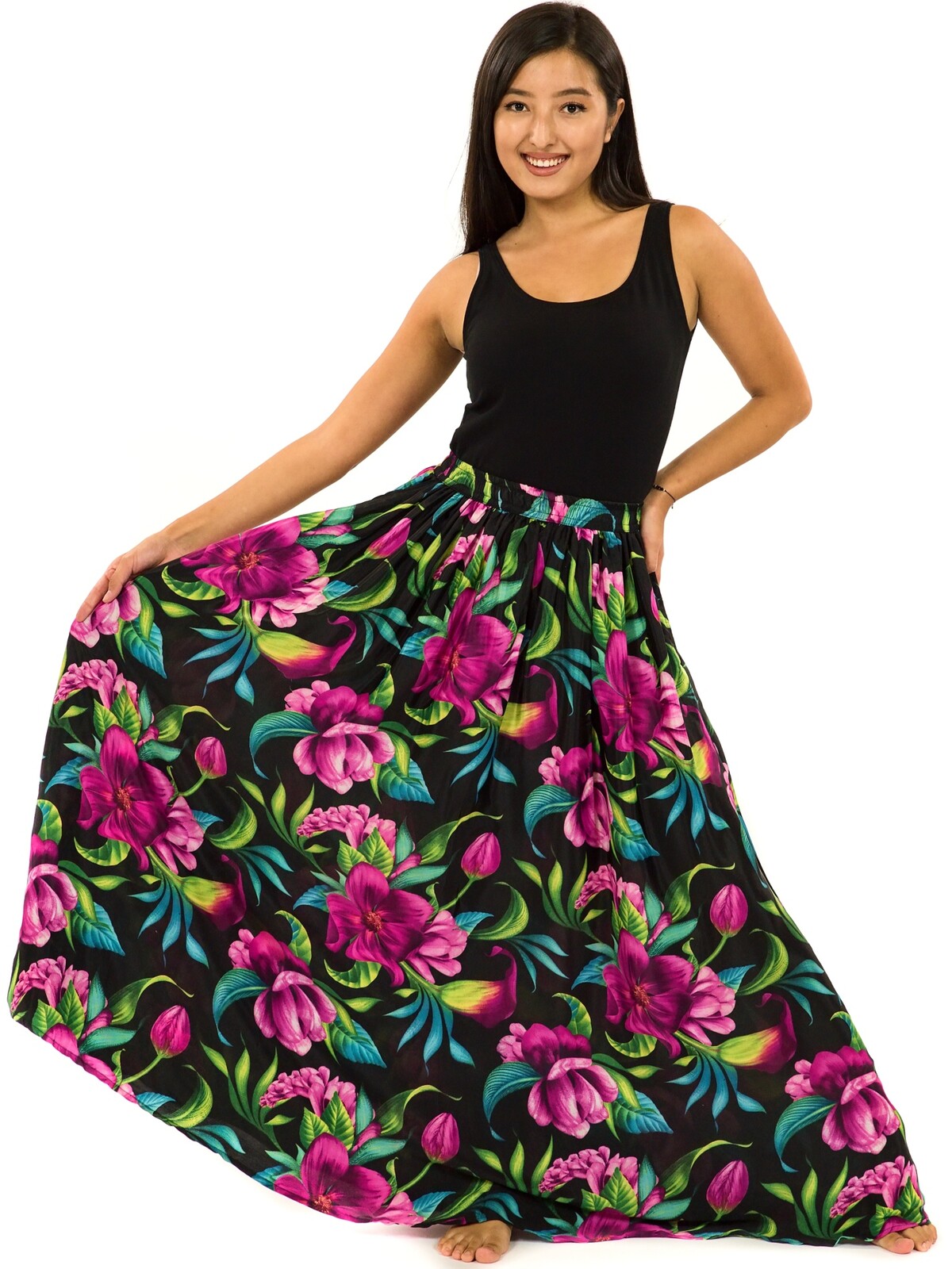 Himalife Maxi sukně s kapsami Nara - černá s fialovou Velikost: S/M