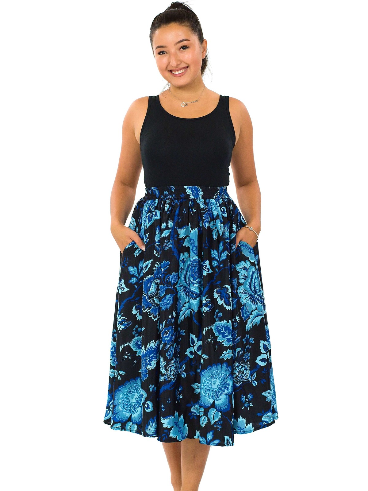 Himalife Kolová maxi sukně s kapsami Růže - černá s modrou Velikost: S/M