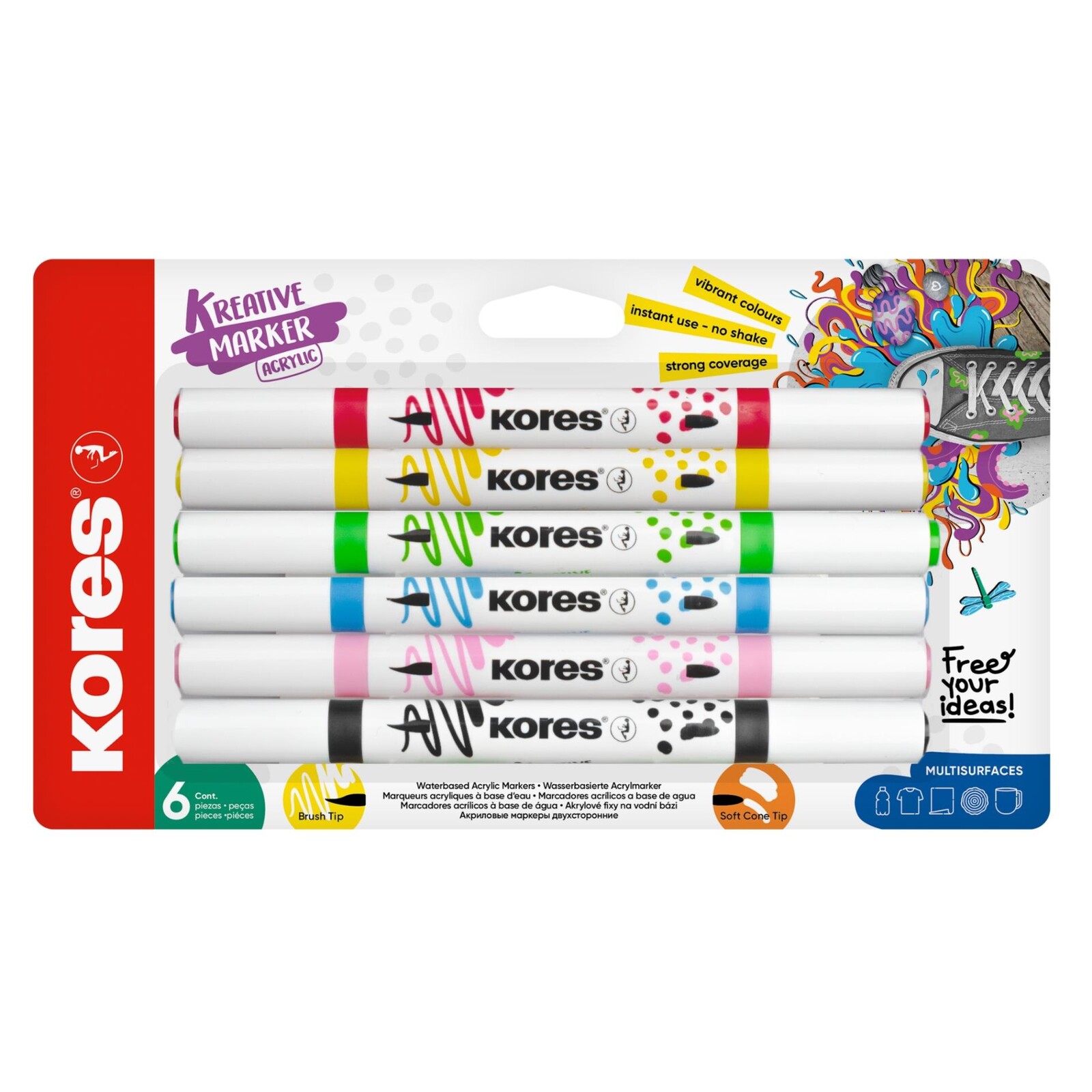 Akrylový popisovač Kores Kreative Marker - oboustranný, sada 6 barev