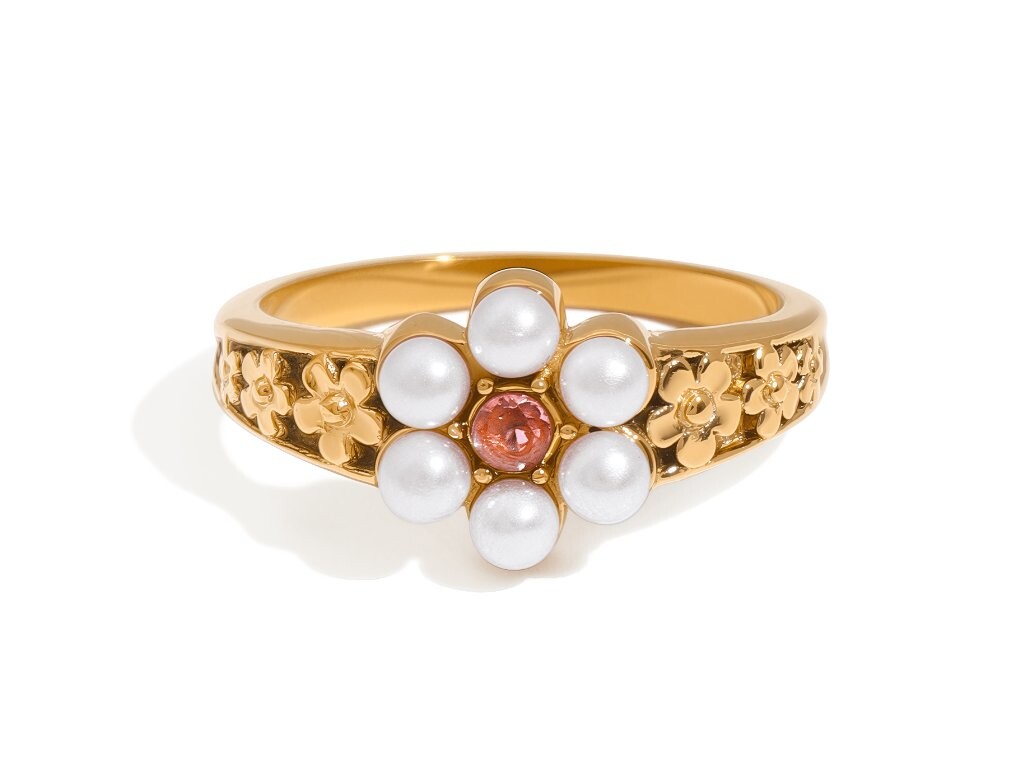 ELENYS Flower Pearl – pozlacený prsten 18K žluté zlato Velikost: 8 (EU: 57-58)