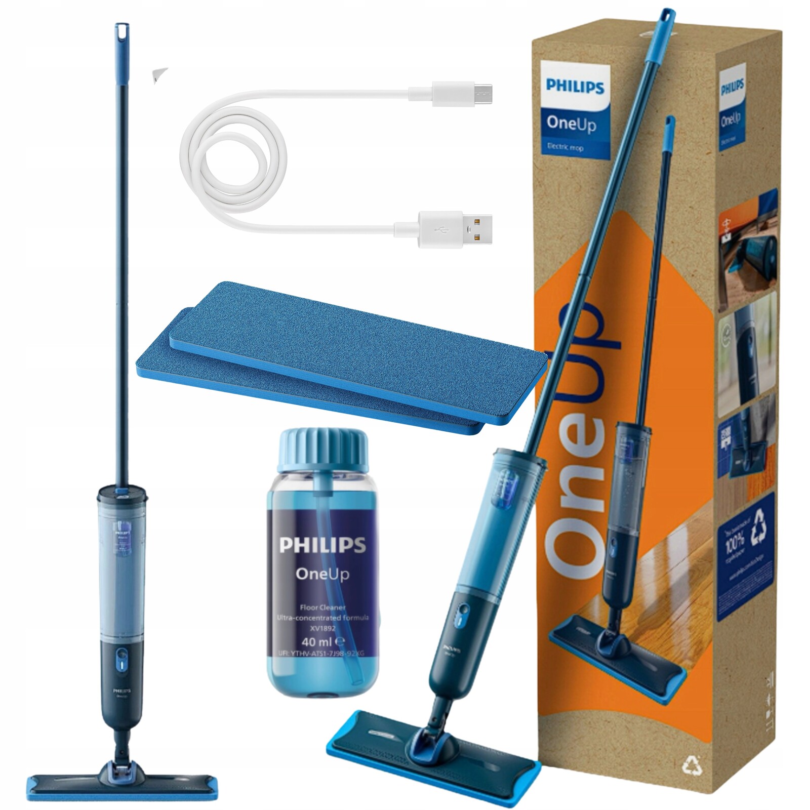 Mop Philips Parní Plochý Elektrický Pro Podlahy OneUp BEZDRÁTOVÝ+2xVLOŽKA