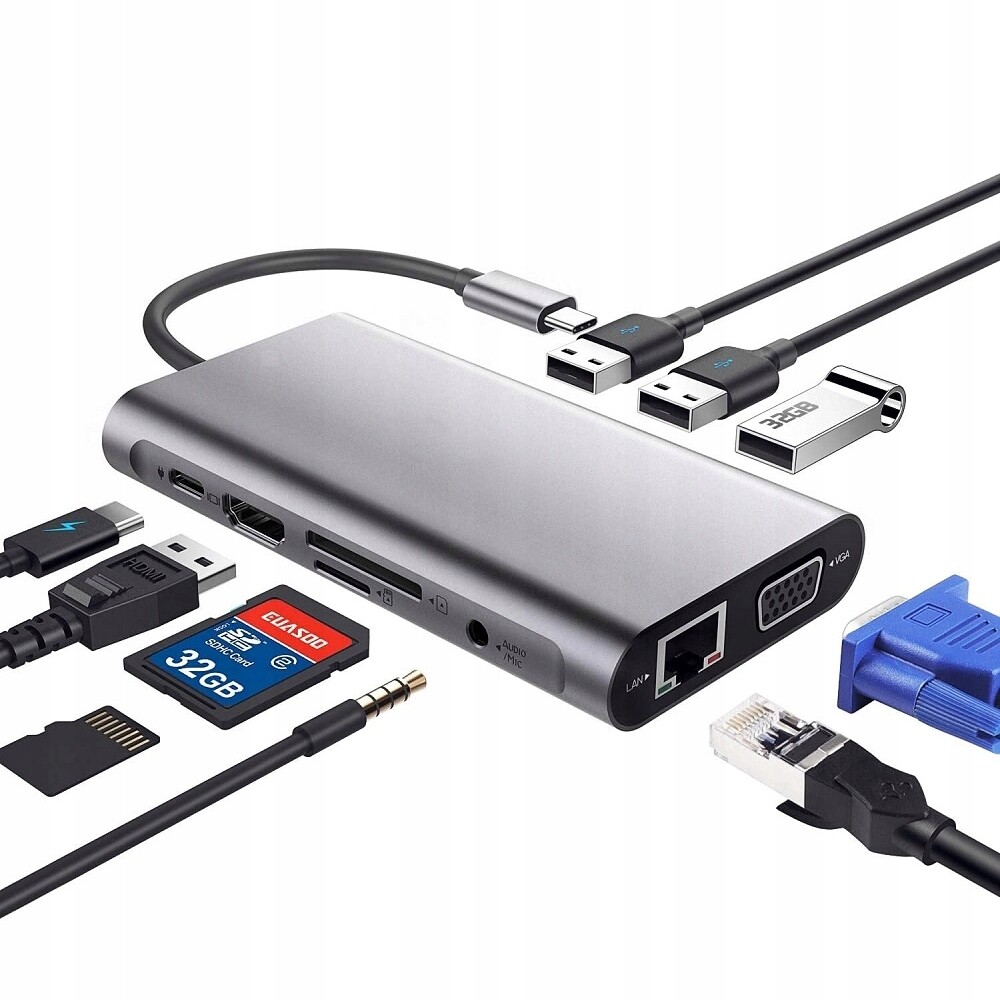 Rozbočovač Rozdělovač Usb-c Hub Usb Sd Microsd Pd RJ45 Hdmi Vga Macbook