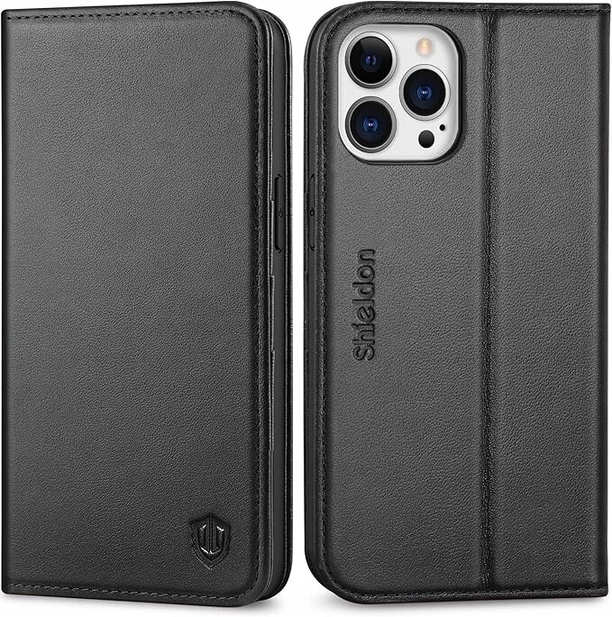 Shieldon přírodní kožené Pouzdro s klopou pro iPhone 13 14 Rfid, černé