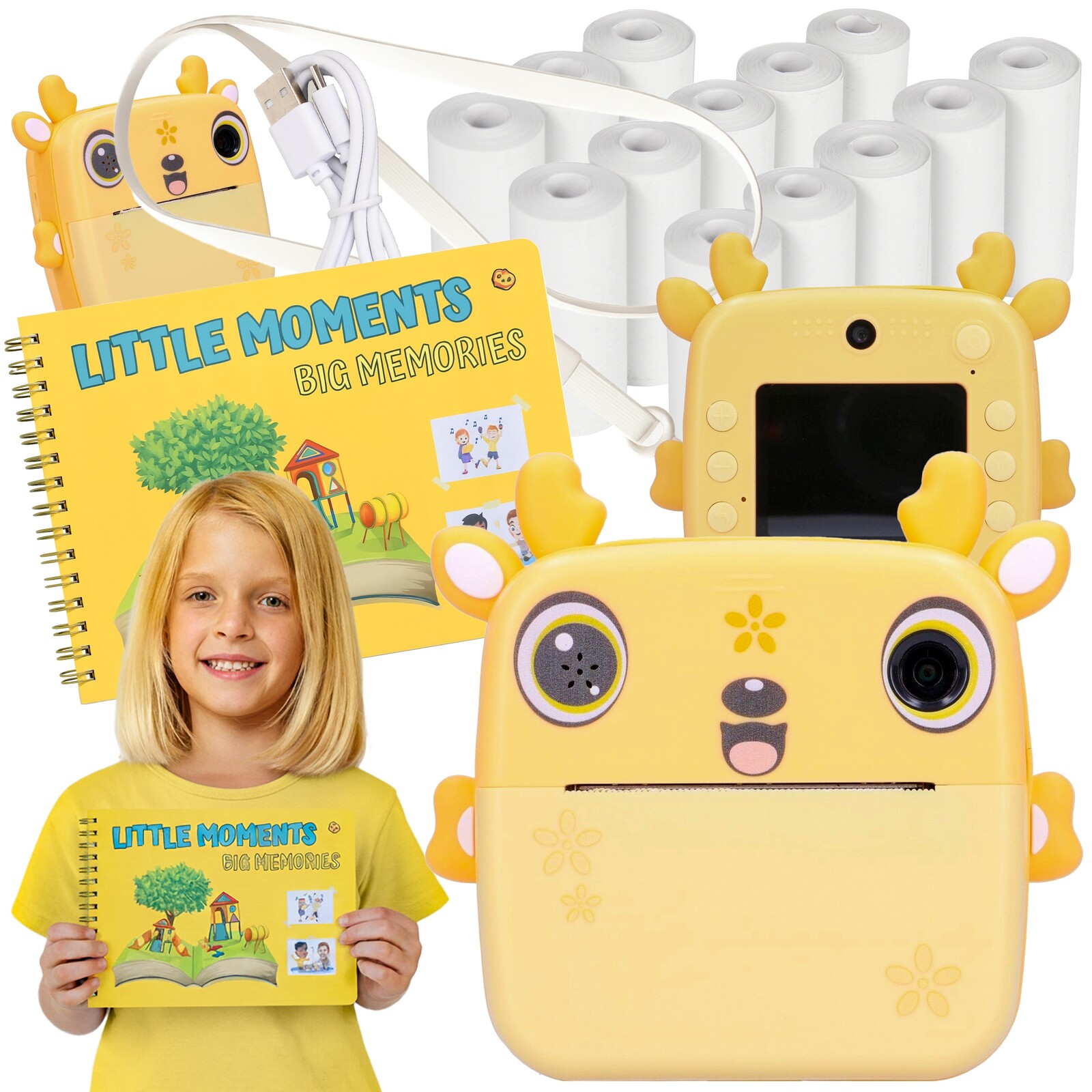 Drukuś 2.0 Jelonek žlutý fotoaparát pro děti +Album pro fotografie 13 rolí papíru