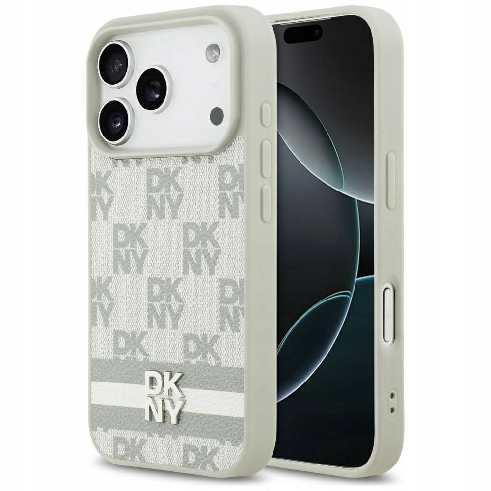 Pouzdro Dkny Checkered s tištěnými pruhy pro iPhone 17 Pro, béžové