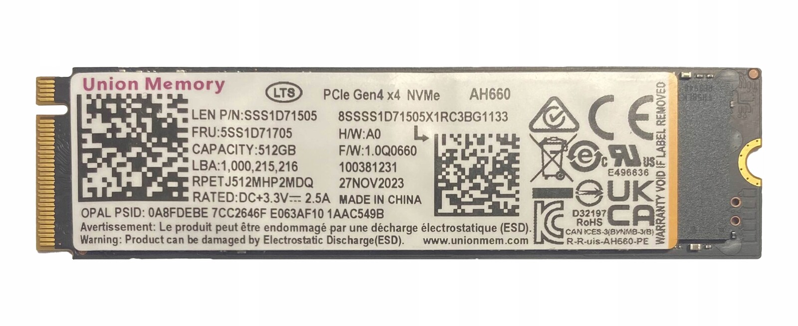 Ssd disk Union Memory AH660 M.2 NVMe 512GB PCIe 4.0