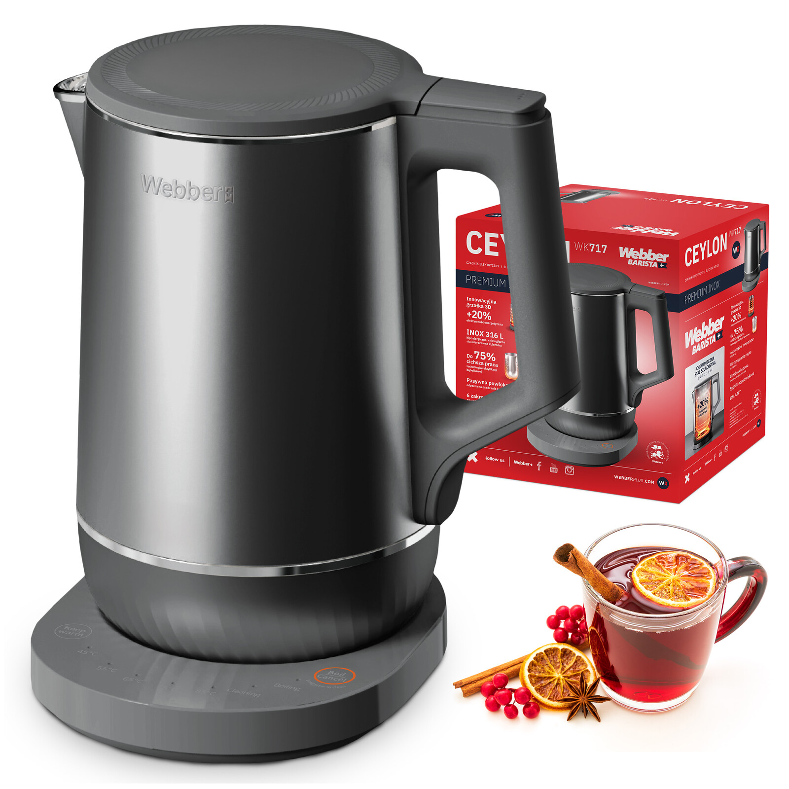 Elektrická bezdrátová varná konvice Regulace Teploty Webber 1.7L 1800W