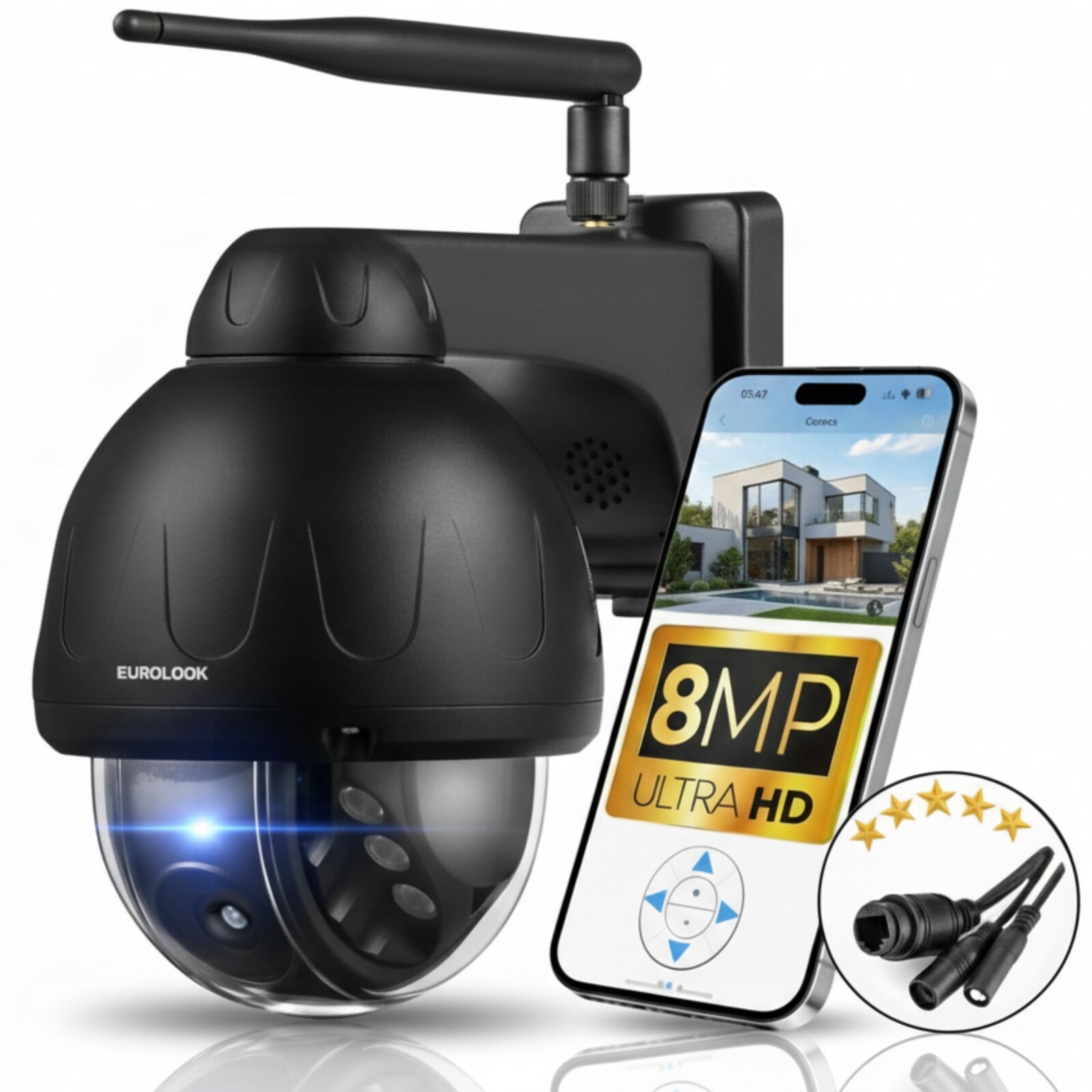 Venkovní kamera Otočná WiFi 8MPx Audio Detekce Kovová Černá Ptz