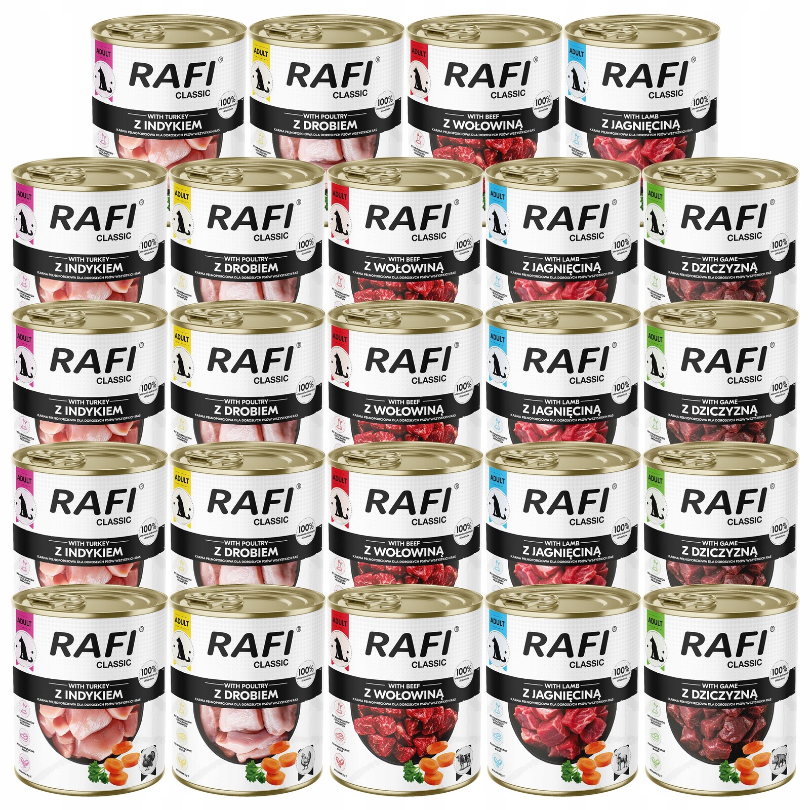 Mokré Krmivo pro psy Dolina Noteci Rafi Classic karmix příchutě 30 x 800g