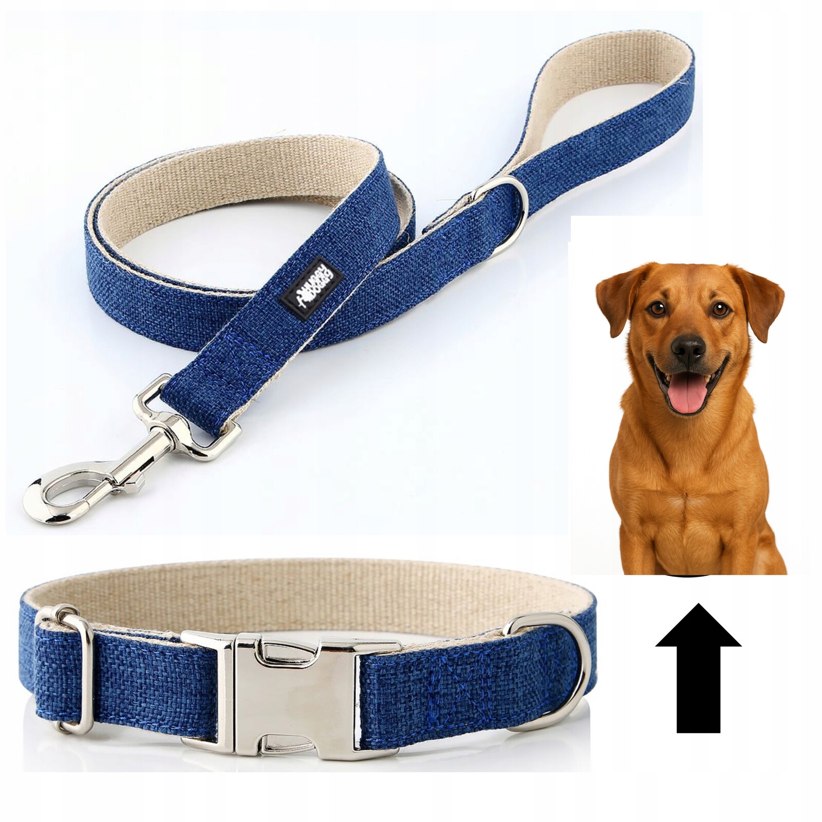 Vodítko a obojek pro psa silný látkový set 2v1 Huggy Doggy tmavě modrá S