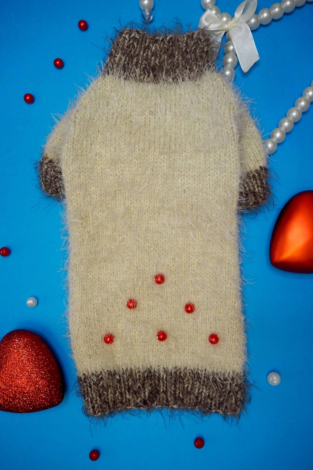 Svetr pro psa Handmade S Béžová Hnědá Teplý Oblečení s korálky