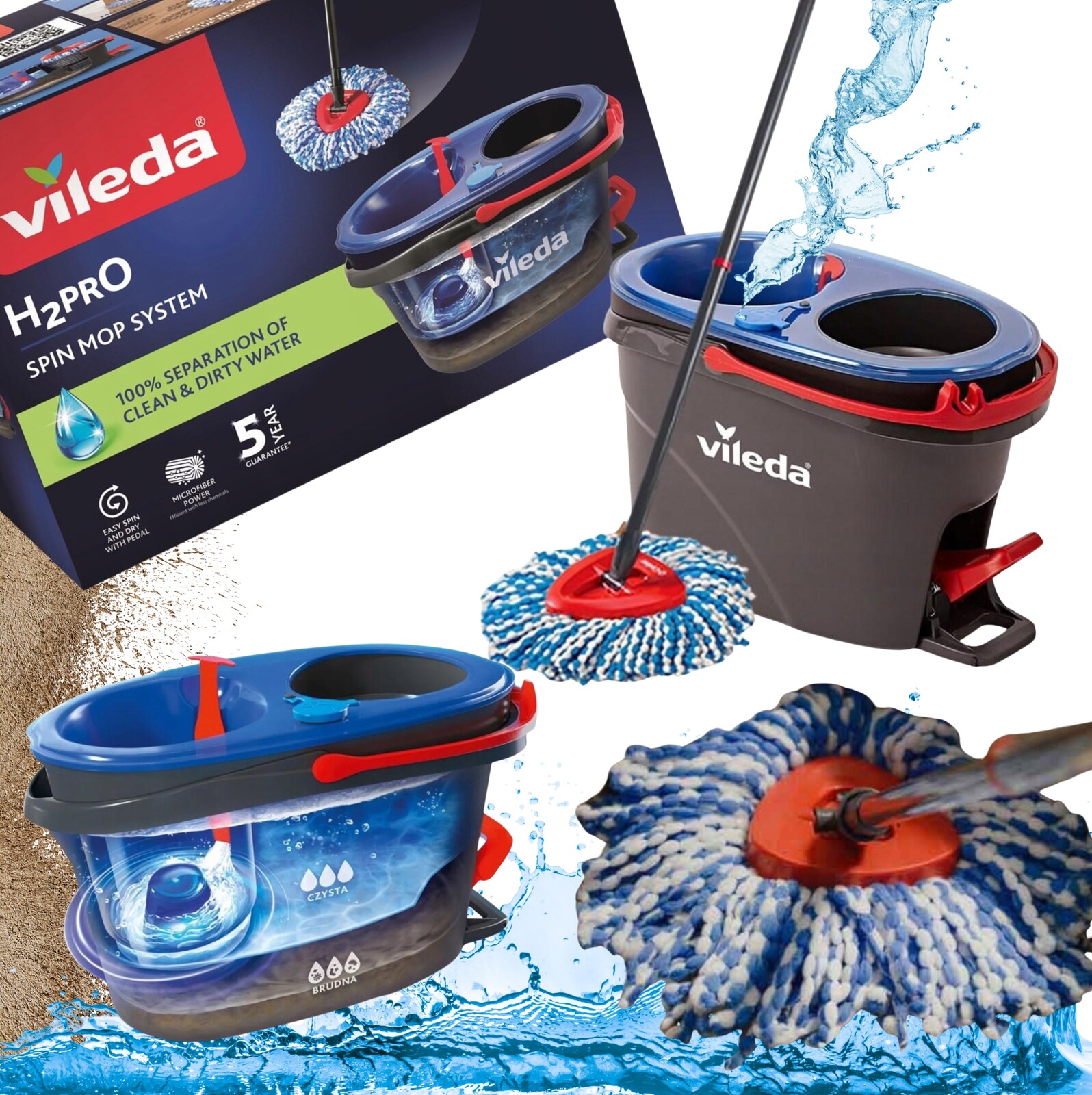 Vileda H2PRO Rotační Mop Separační Kbelík Sada Mop 2 Komorový Kbelík