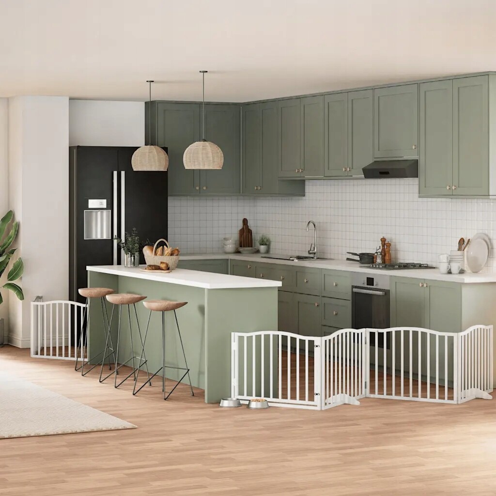 vidaXL Skládací branka pro psa s dveřmi, 8 panelů, bílá, 640 cm