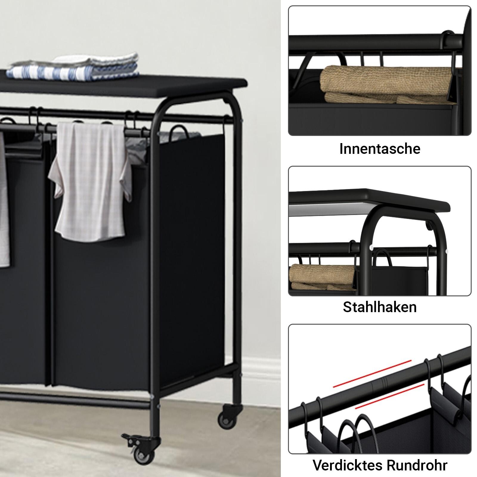 Stylová prádelna na kolečkách s třídicími rošty a žehlicím prknem