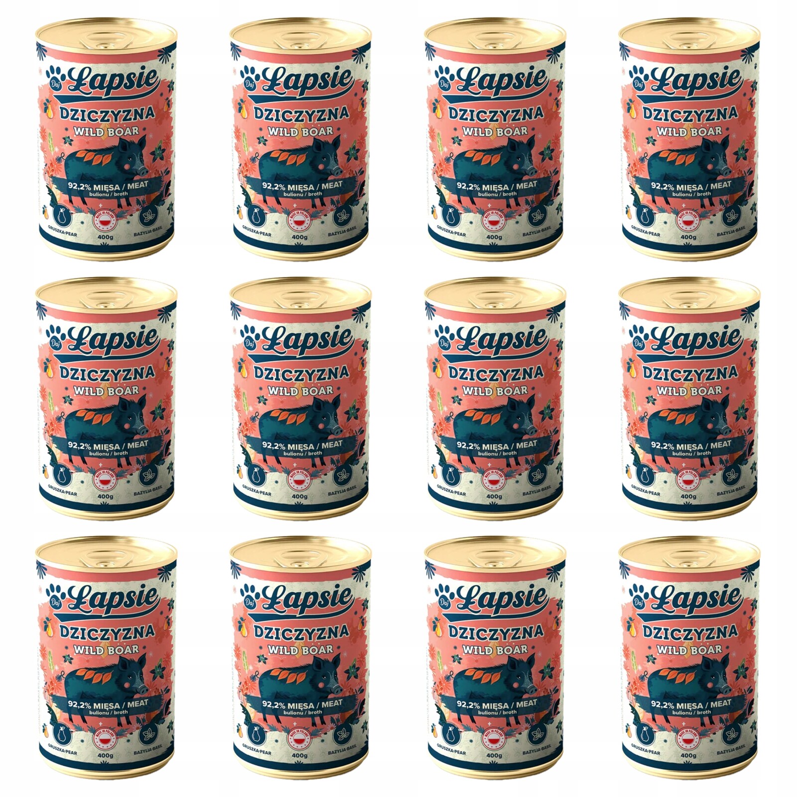 Happy Snacky Lapsie Krmivo mokré pro psa Divočák s hruškou 12x400g Set