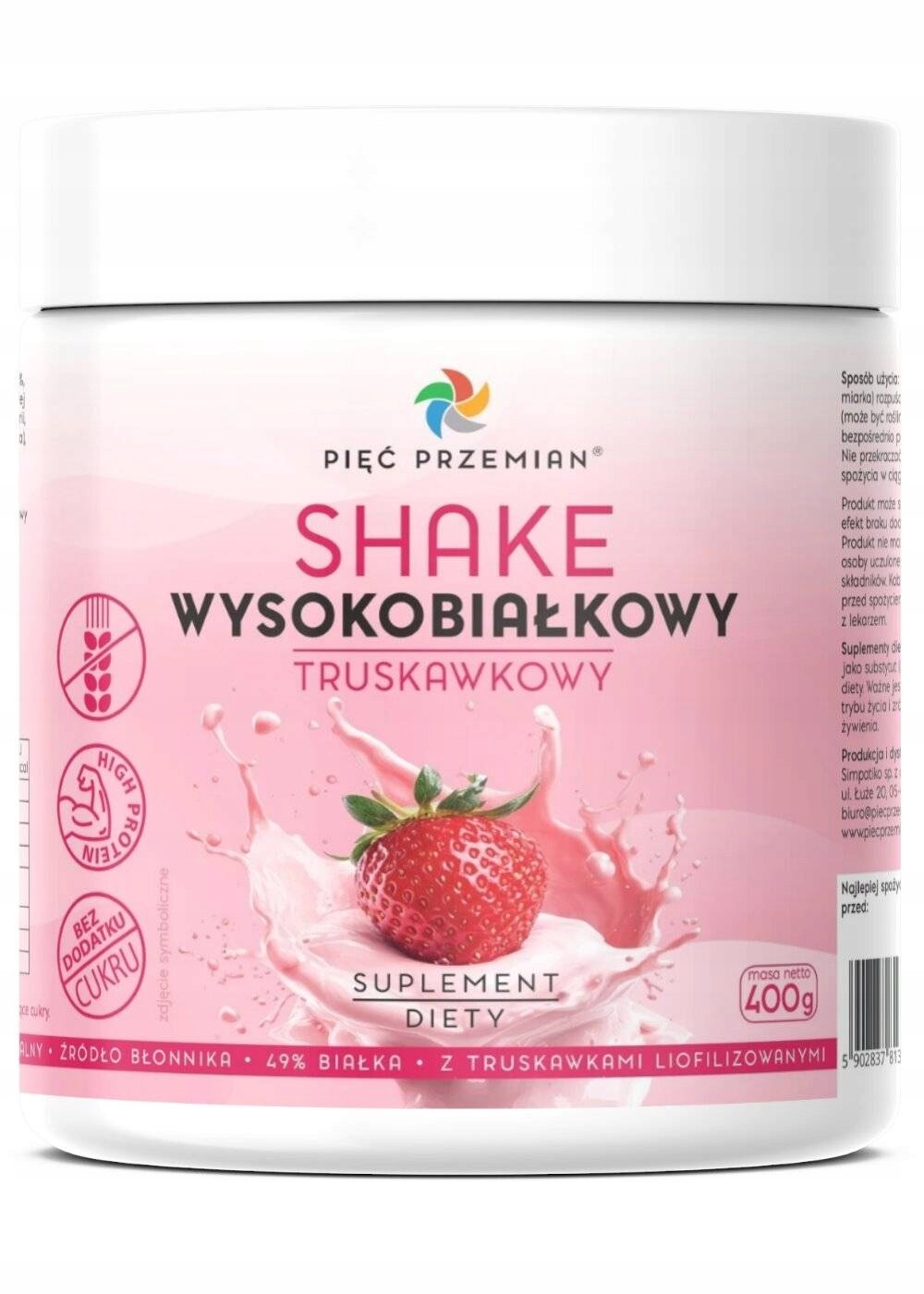 Jahodový shake s vysokým obsahem bílkovin 400 g Pięć Przemian