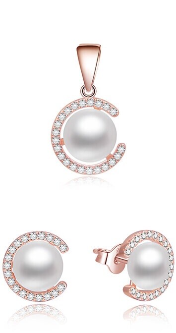 Beneto Pozlacená souprava šperků ze stříbra s pravými perlami AGSET285P-ROSE (přívěsek, náušnice)
