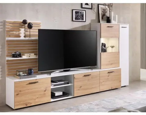 Obývací stěna Heathrow, bílá/dub artisan, s osvětlením