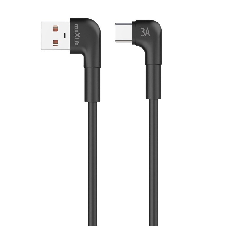 USB datový kabel - USB-A to USB-C Maxlife MXUC-09 Fast Charging 3A 2m kolmé koncovky černý