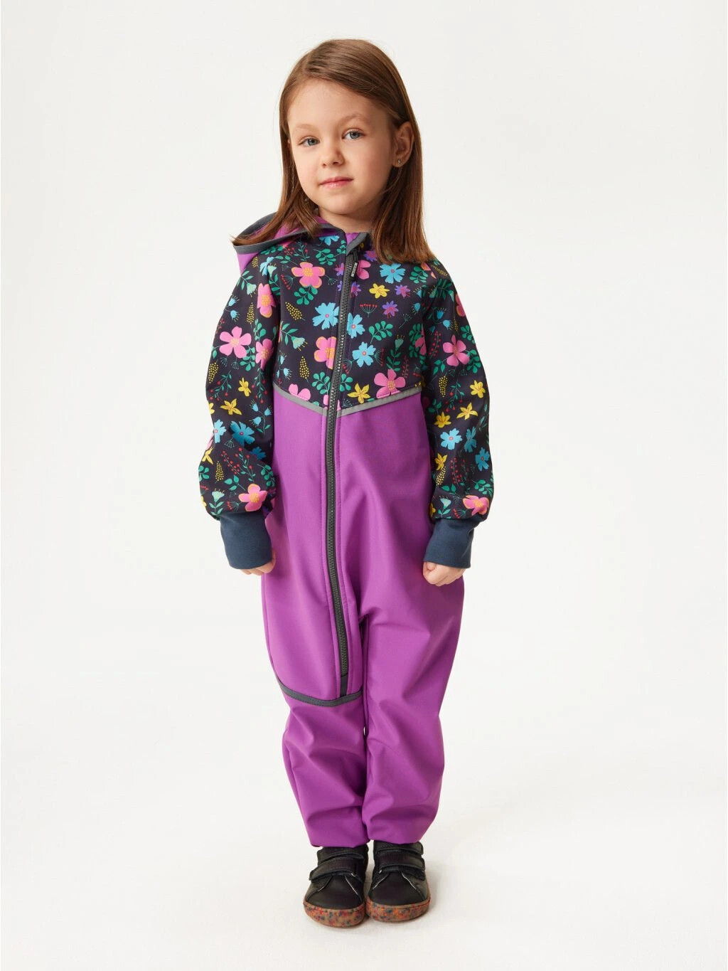 Softshellová kombinéza s fleecem Mini, Ostružinová, Kytičky - vel. 74/80