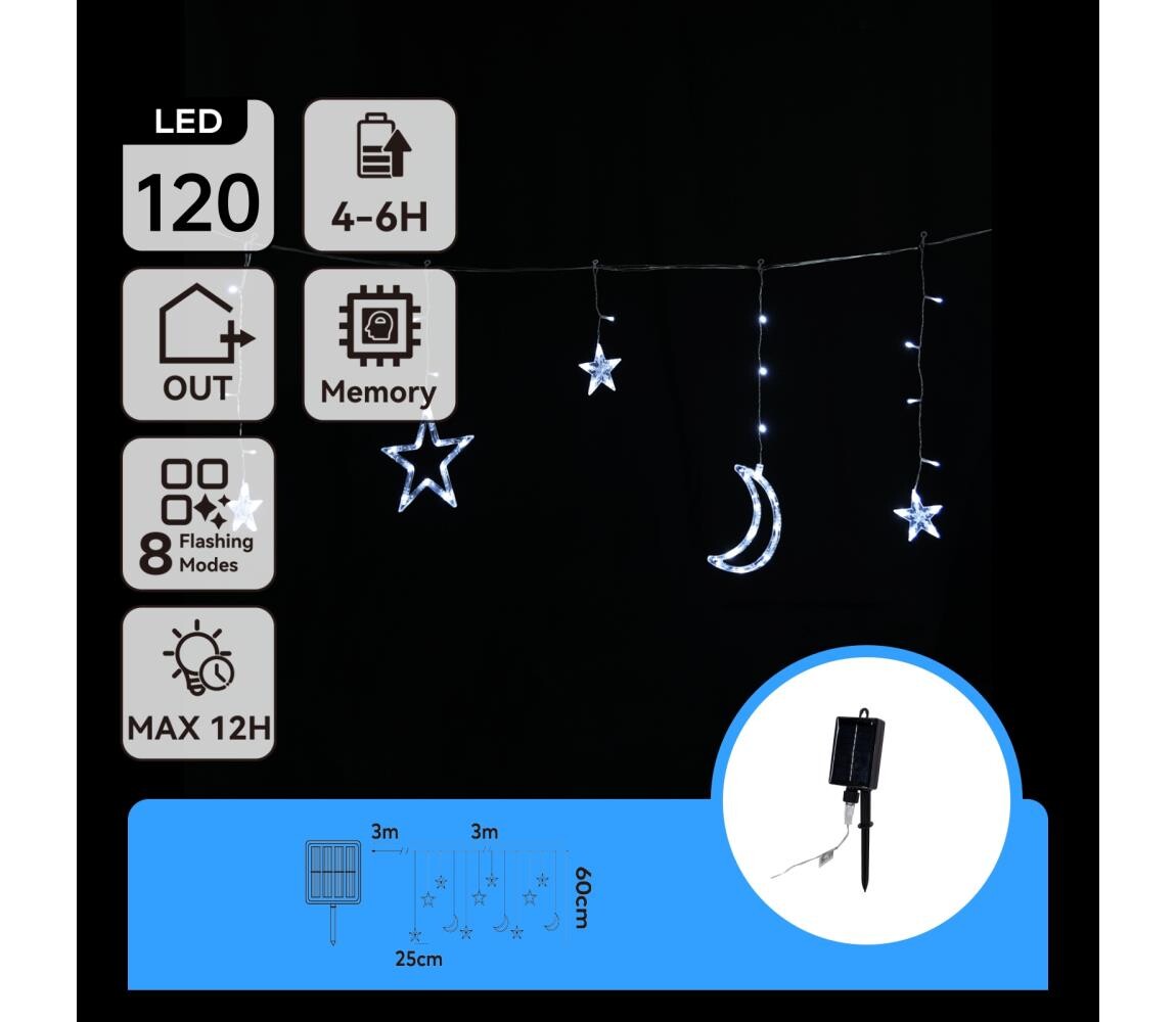 B.V.  - LED Solární ván. řetěz 120xLED/8 funkcí 3x0,6m 500 mAh IP65 stud bílá B10201S6S
