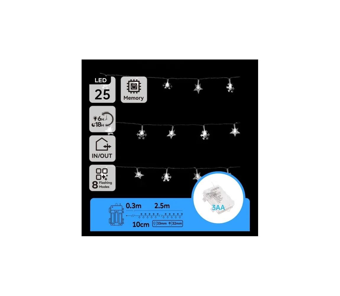 B.V.  - LED Ven. ván. řetěz 25xLED/8 funkcí 3xAA 2,5m IP44 studená bílá B10303K51
