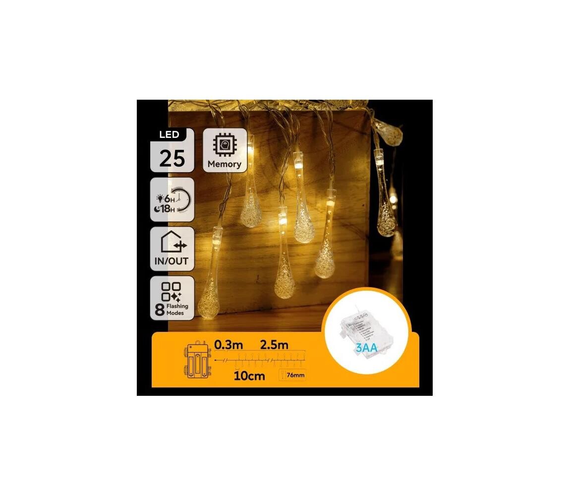 B.V.  - LED Ven. ván. řetěz 25xLED/8 funkcí 3xAA 2,5m IP44 teplá bílá kapky B10303K57