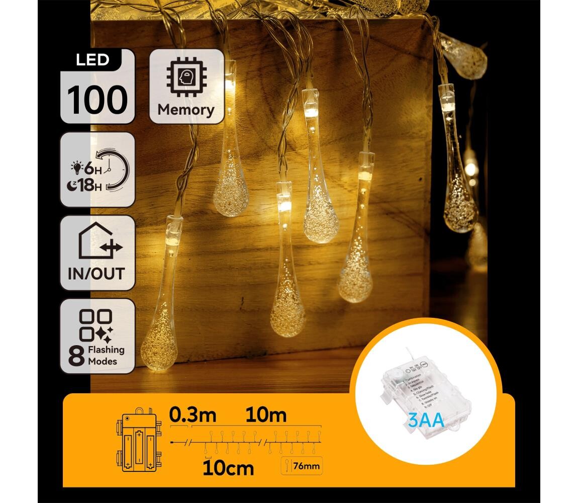 B.V.  - LED Ven. ván. řetěz 100xLED/8 funkcí 3xAA 10m IP44 teplá bílá kapky B10303K59