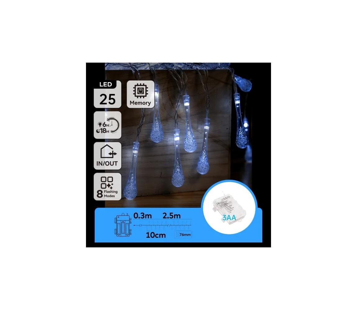 B.V.  - LED Ven. ván. řetěz 25xLED/8 funkcí 3xAA 2,5m IP44 studená bílá kapky B10303K5A