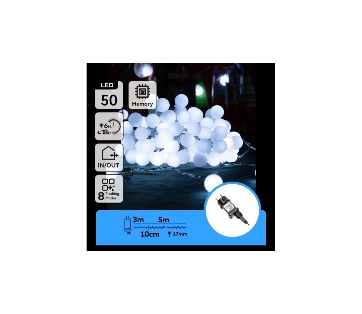 B.V.  - LED Ven. dekorační řetěz 50xLED/3,6W/230V/8 funkcí 5m IP44 stud bílá B103031RI