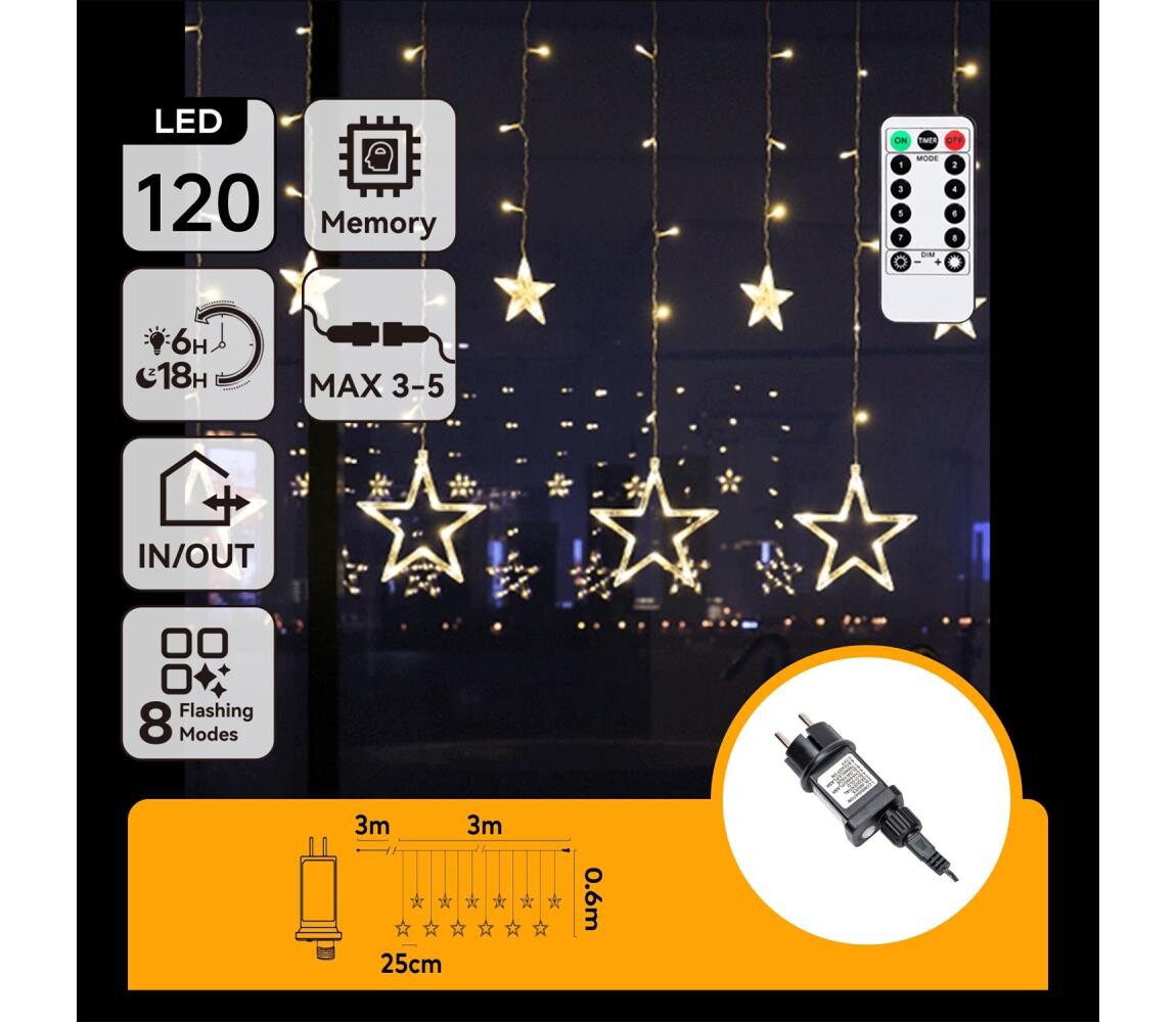 B.V.  - LED Ven. ván. řetěz 120xLED/6W/230V/8 funkcí 3x0,6m IP44 tep bílá+DO B10303S74