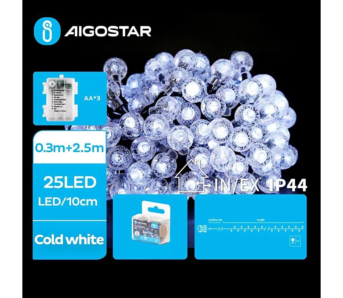 B.V.  - LED Venkovní řetěz 25xLED/3xAA/8 funkcí 2,8 m IP44 studená bílá B10303K4R
