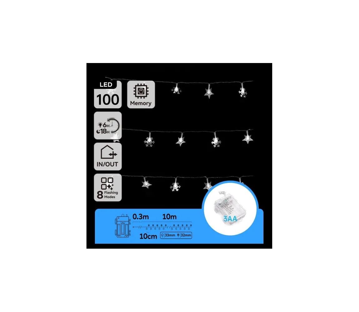 B.V.  - LED Ven. ván. řetěz 100xLED/8 funkcí 3xAA 10m IP44 studená bílá B10303K53