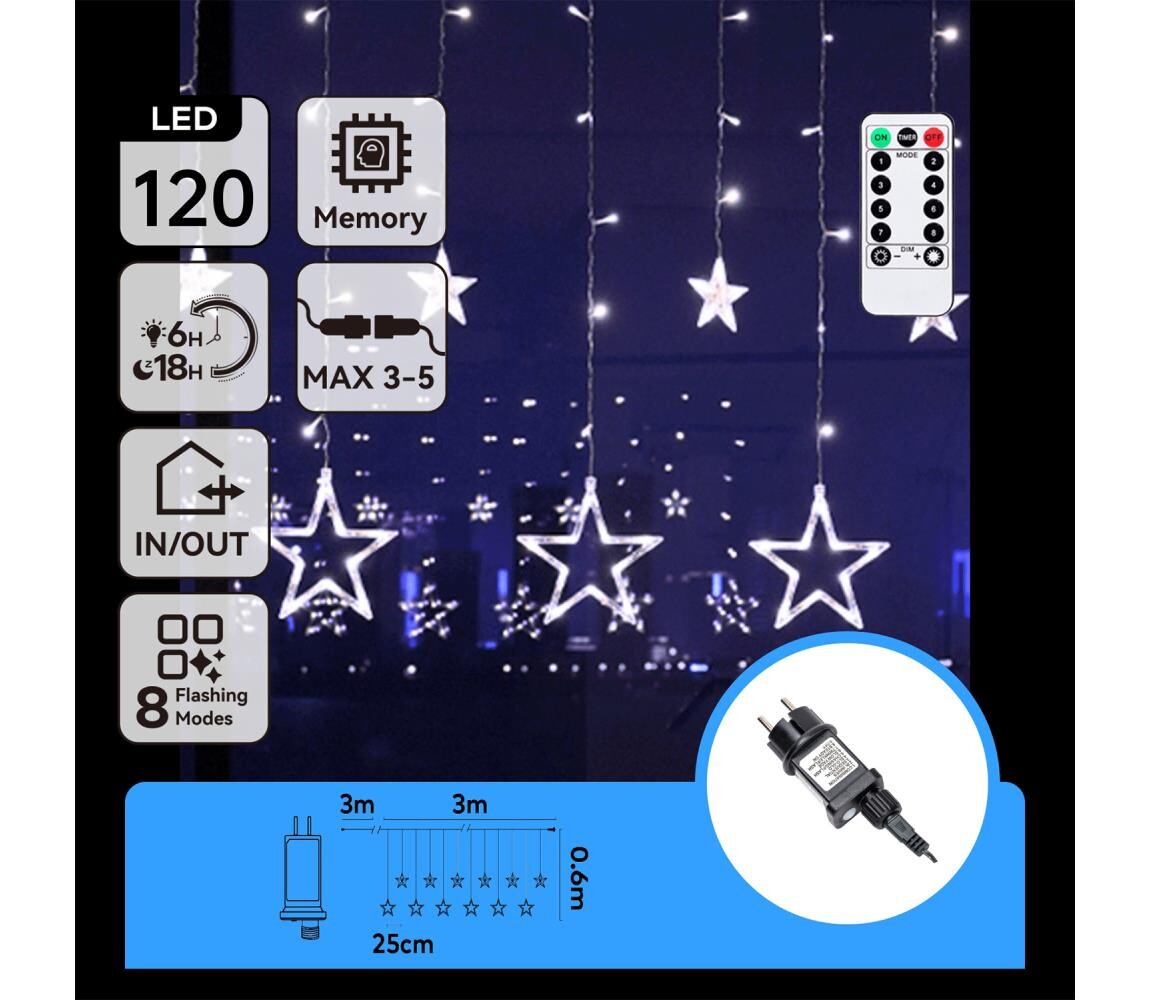 B.V.  - LED Ven. ván. řetěz 120xLED/6W/230V/8 funkcí 3x0,6m IP44 stud bílá+DO B10303S75