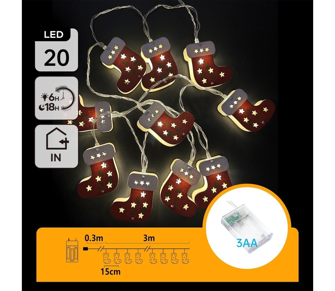 B.V.  - LED Vánoční řetěz 20xLED/3xAA 3m teplá bílá punčochy B10303Q6X
