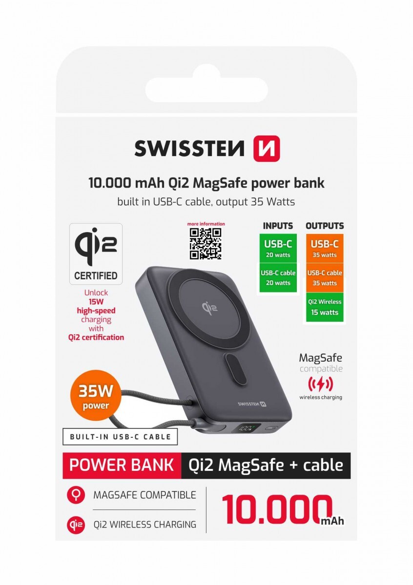 Powerbank Swissten Magsafe QI2 15W, 10000 mAh s integrovaným kabelem USB-C černá