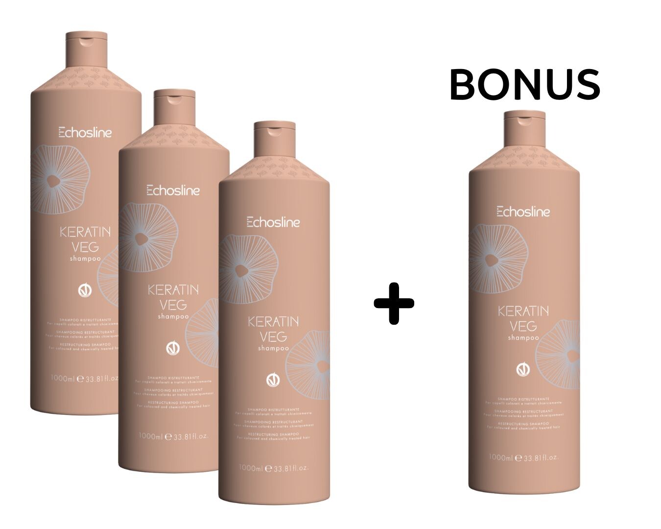 AKCE: 3+1 Echosline Keratin VEG Shampoo - obnovující šampon pro chemicky ošetřované vlasy, 1000 ml