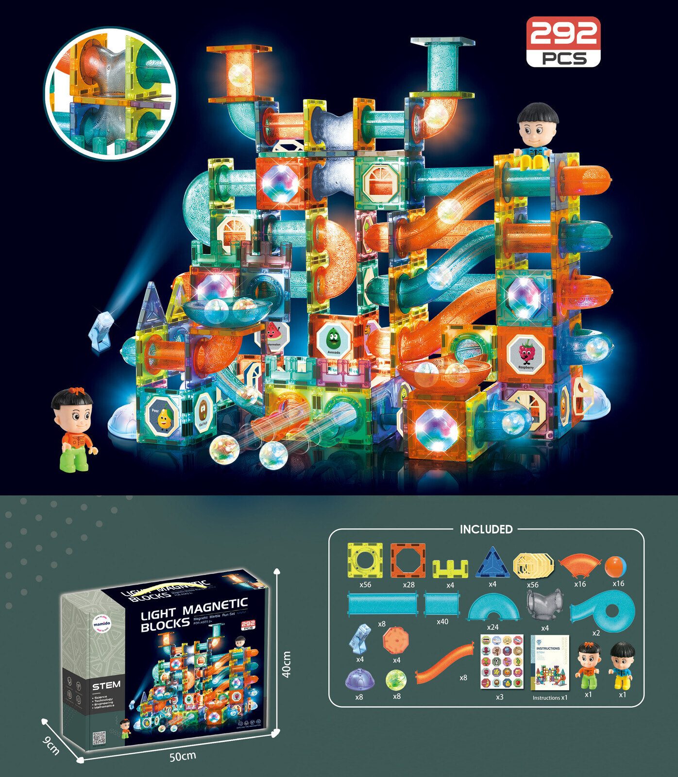 Mamido Mamido Magnetická svítící stavebnice kuličková dráha 292 dílů XXL