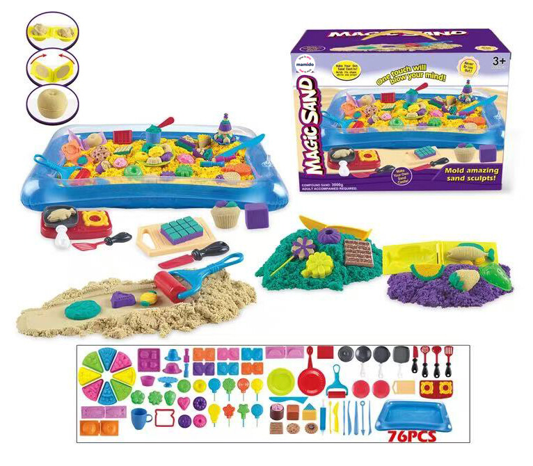 Mamido Mamido XXL Sada kinetického písku 3000 g s kuchyňskými formičkami 76 ks a podložkou