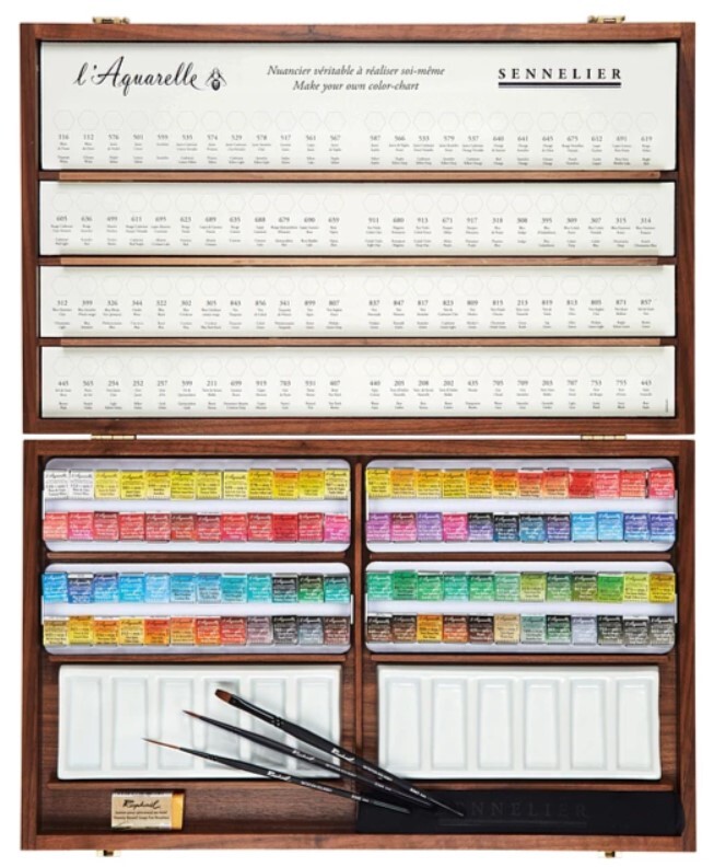 Sennelier Sennelier, 131668.96, L'Aquarelle, mistrovské akvarelové barvy v dřevěném kufříku, 96 1/2 pánviček s příslušenstvím